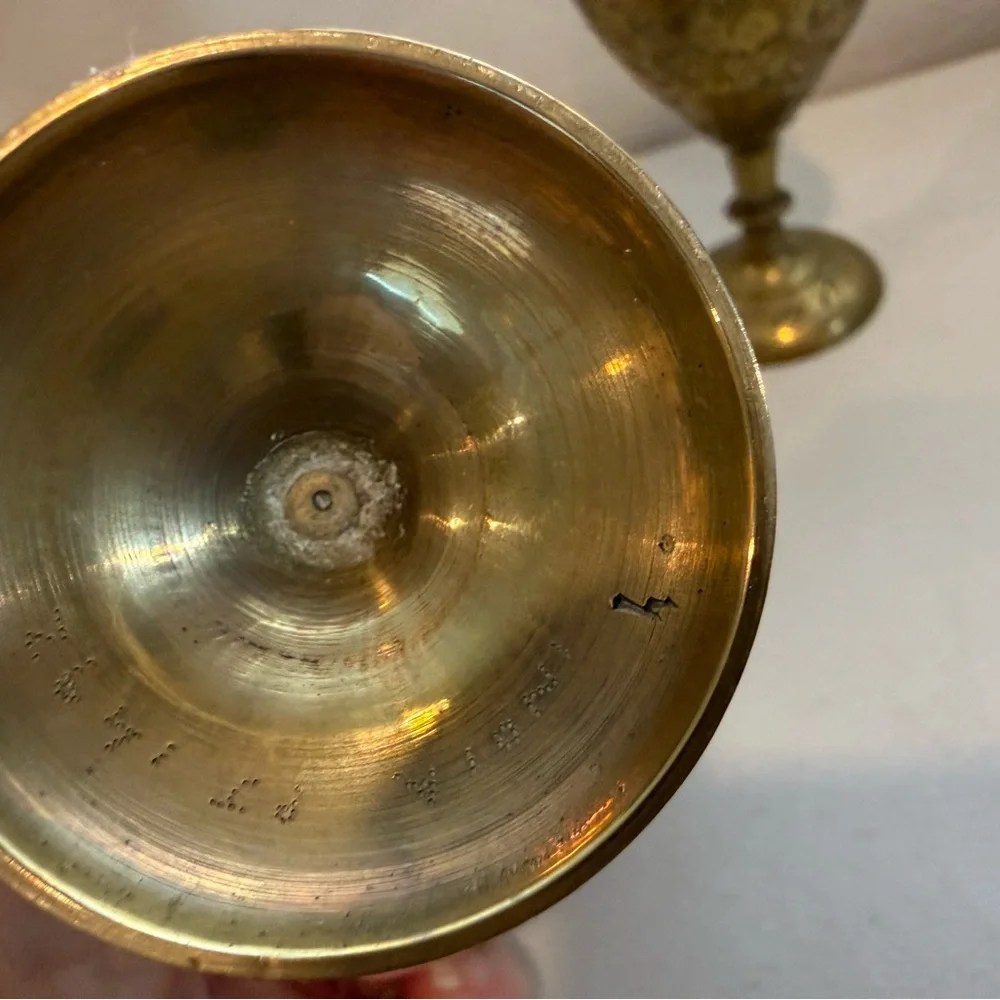 Vintage Pair of 2 Solid Brass Etched Floral Scalloped Vases signed Made in India